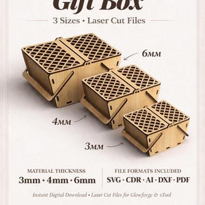 May include: Three wooden picnic basket gift boxes with lattice lids, labeled with material thicknesses of 3mm, 4mm, and 6mm. The text reads Picnic Basket Gift Box, 3 Sizes, Laser Cut Files, Material Thickness 3mm 4mm 6mm, File Formats Included SVG CDR AI DXF PDF.