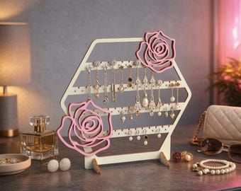 Hexagon Rose Earring Holder Laser Cut File | Floral Jewelry Stand CNC Plan (SVG, DXF)