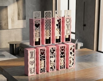 Archivo SVG para caja de vino cortada con láser, diseños románticos de corazones, soporte para regalos de boda (descarga digital)