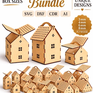 May include: A digital bundle of 240 house box designs in SVG, DXF, CDR, and AI formats. The image displays various laser-cut wooden house-shaped boxes with hinged roofs, compatible with 3 mm, 4 mm, 6 mm, and 8 mm plywood material thicknesses.