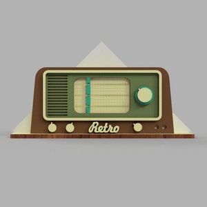 May include: A brown and green retro-style radio with a wooden base and the word "Retro" printed on the front.