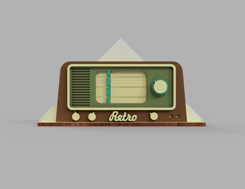 May include: A brown and green retro-style radio with a wooden base and the word "Retro" printed on the front.