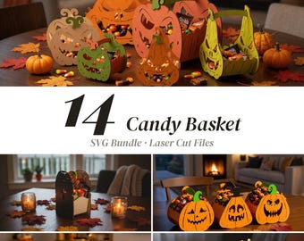 5 Halloween Candy Basket SVG Bundle, Pumpkin Trick or Treat Box Laser Cut Files (DXF, Svg, Cdr, Pdf)