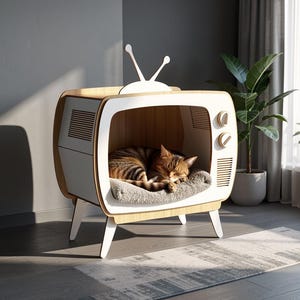 レトロテレビ風キャットベッド：レーザーカットファイル、CNCルータープラン（デジタルダウンロード）