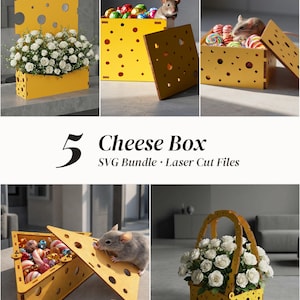 Puede incluir: Una colección de cajas y cestas de madera amarilla diseñadas con recortes circulares que recuerdan al queso suizo. El conjunto incluye varias formas, algunas llenas de flores blancas o dulces coloridos, y presenta el texto 5 Cheese Box SVG Bundle Laser Cut Files.