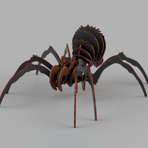 May include: A wooden spider model with a black and brown color scheme. The spider has eight legs and a segmented body.