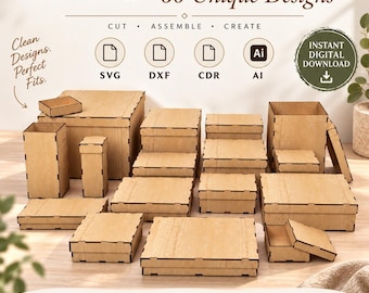 240 Sizes 60 Designs Removable Lid Box SVG Bundle, Laser Cut Box Template Gift Box Svg Files, Glowforge Xtool Plywood Digital Download