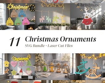 Lot de 11 décorations de Noël en bois au format SVG : couronnes de cerfs, lanternes, chaussettes et cubes, compatibles avec Glowforge et xTool. Fichiers de découpe laser pour les fêtes.