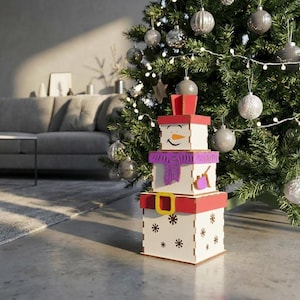 Snowman Gift Box Tower SVG for Glowforge & xTool, Laser Cut Stacking Christmas Box, Christmas Eve Box Decoration