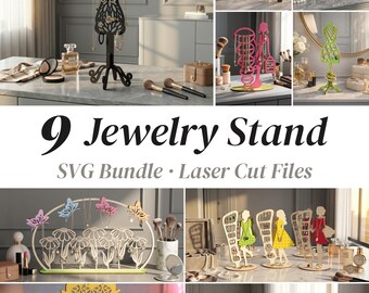 Ensemble de fichiers SVG pour présentoir à bijoux, 9 supports à boucles d'oreilles découpés au laser, mannequin papillon Glowforge xTool DXF, téléchargement numérique