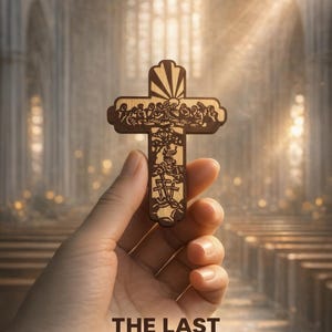 May include: A wooden cross ornament featuring a laser-cut design of The Last Supper, with a sunburst motif at the top and a scene of three crosses at the bottom. The text THE LAST SUPPER SVG is printed in dark brown letters at the bottom of the image.