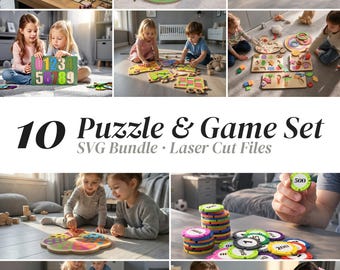 Ensemble de jeux de puzzle pour enfants (SVG inclus), 10 fichiers de découpe laser pour jouets en bois Montessori, tour de dés, jetons de poker, morpion, téléchargement numérique Glowforge xTool