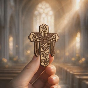 May include: A laser-cut wooden cross featuring an intricate design of three smaller crosses at the top, draped fabric detailing in the center, and floral patterns engraved along the edges and bottom section of the brown wooden surface.