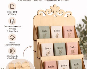 9 Display Stands SVG Bundle, 3-Tier Book Card Postcard Laser Cut File, Wood Acrylic Dxf Ai Cdr, 3 Sizes Digital Download Glowforge xTool