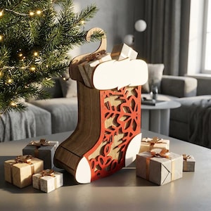 Archivo cortado a láser para caja de calcetines navideños: Porta caramelos de madera (descarga digital)