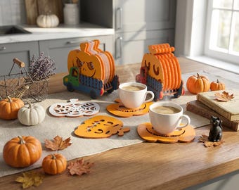 Pumpkin Coaster Set Laser Cut File, 3D Truck Holder, Fall Kitchen Decor (SVG Download)
