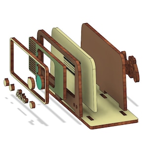 May include: A wooden model of a vintage radio, disassembled into its individual parts. The parts are made of different shades of brown wood and include a front panel, side panels, and a back panel. The radio has a knob and a speaker grill.