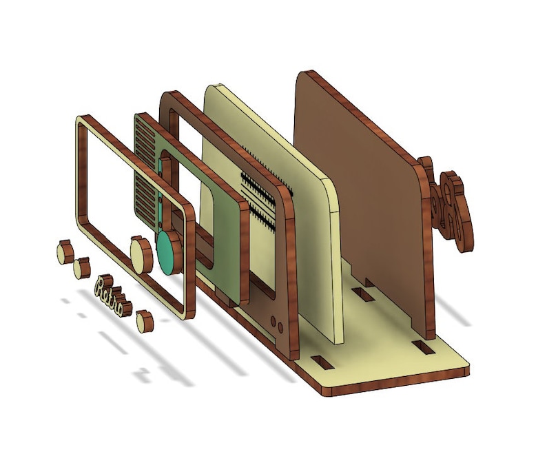 May include: A wooden model of a vintage radio, disassembled into its individual parts. The parts are made of different shades of brown wood and include a front panel, side panels, and a back panel. The radio has a knob and a speaker grill.