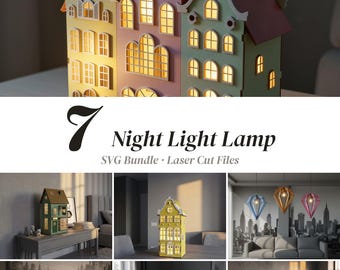 3D Wooden House Night Light Bundle, Diamond Pendant Light SVG, Putz House Laser Cut Files