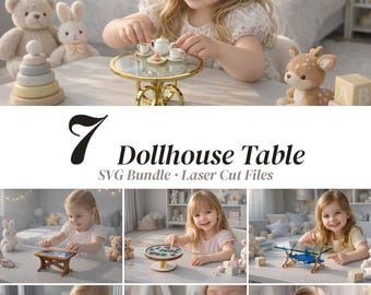 7 Dollhouse Table SVG Bundle, Miniature Furniture Laser Cut Files, 1:12 Scale Wood Toy