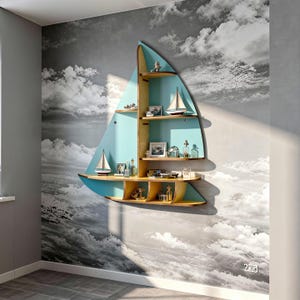 Estantería con forma de velero cortada con láser / Decoración náutica para habitación infantil (SVG, DXF)