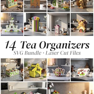 Può includere: Una collezione di quattordici organizer per tè in legno con vari design, tra cui forme di castello, mulino a vento, teiera e casa. Questi contenitori tagliati al laser sono progettati per contenere bustine di tè e sono file digitali.