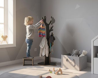 Black Tree Coat Rack – Geometric Plywood Montessori Nursery Décor (Digital File)