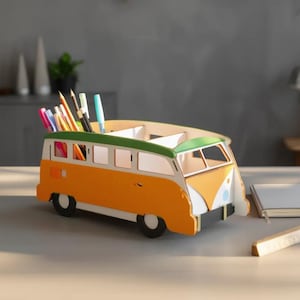 Retro Camper Van Schreibtisch Organizer | Laser Cut Datei SVG DXF, Reise Dekor (Digitaler Download)