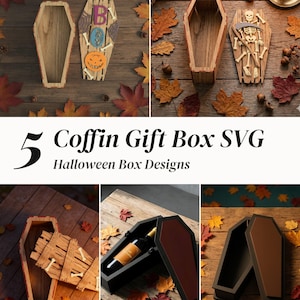 Coffin Gift Box SVG Bundle Laser Cut Files, 5 Halloween Boxes: Boo Basket, Skeleton, Wine Box, Skull Gothic Decor, Glowforge xTool DXF