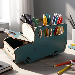 Retro Car Desk Organizer, Laser Cut SVG Van Holder, Office Decor (Digital Download)