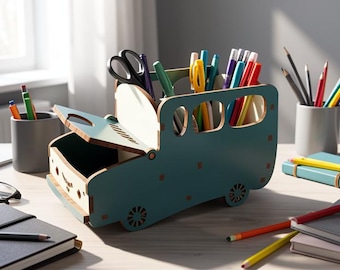 Retro Car Desk Organizer, Laser Cut SVG Van Holder, Office Decor (Digital Download)