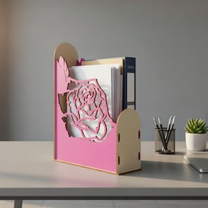 Vertikal pärmhållare med laserskuren ros | Dokumenthållare med blommotiv (digital nedladdning)