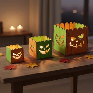 Op de afbeelding: Drie Halloween-kaarsenhouders in verschillende maten, elk met een uitgesneden pompoengezicht. De houders zijn gemaakt van hout, met groen en bruin geschilderde secties. Decoratieve herfstbladeren liggen verspreid op de houten tafel.