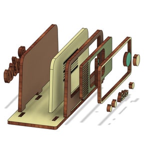 May include: A wooden model of a vintage radio, disassembled into its individual parts. The radio is made of brown and beige wood and has a green dial. The parts are arranged in a staggered pattern on a white background.