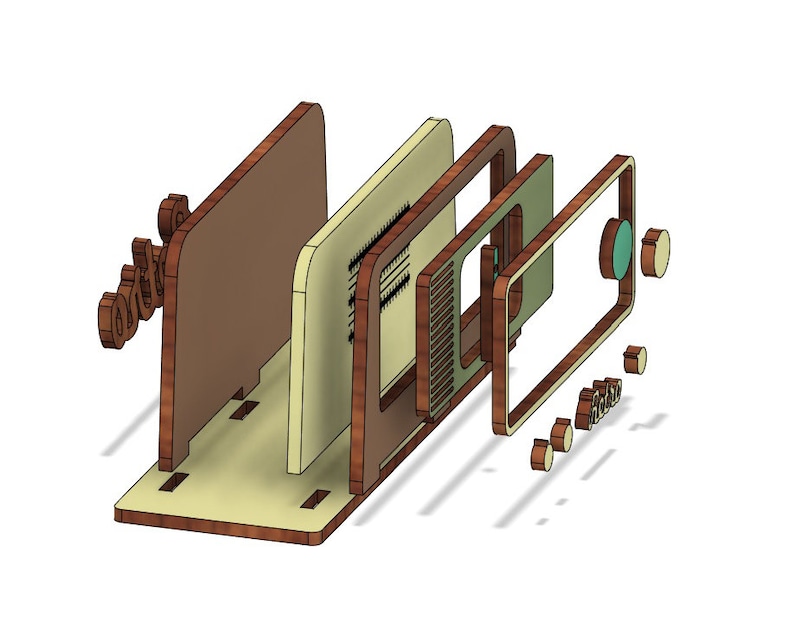 May include: A wooden model of a vintage radio, disassembled into its individual parts. The radio is made of brown and beige wood and has a green dial. The parts are arranged in a staggered pattern on a white background.