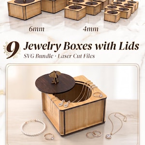 May include: A collection of nine wooden jewelry boxes with lids in 3mm, 4mm, and 6mm thicknesses. The boxes feature light wood sides and dark wood circular lids with small handles. Text includes 9 Jewelry Boxes with Lids, SVG Bundle, Laser Cut Files, 3 Thicknesses, 9 Files, and 5 Formats.
