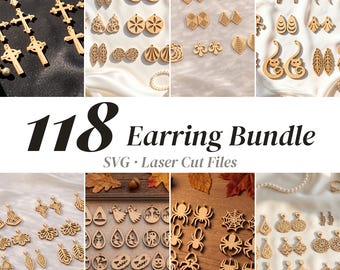 118 Earring SVG Bundle, Wood Acrylic Laser Cut Templates, Halloween Cross Boho Designs (Dxf, Ai, Svg)