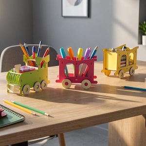 Laser Cut Train Desk Organizer File | 3D Wood Toy Pencil Holder (SVG, DXF)