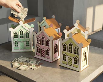 木製貯金箱 SVG ハウス型貯金箱 レーザーカットハウス型子供用貯金箱 カスタム貯金箱 コインバンク キャッシュボックス DXF プラン Glowforge