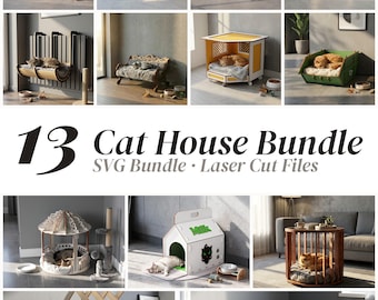 Lot de 13 fichiers SVG de maisons pour chats, fichiers de découpe laser pour maisons d'animaux amusantes, plans de lits pour chats en contreplaqué, fichiers DXF pour Glowforge xTool