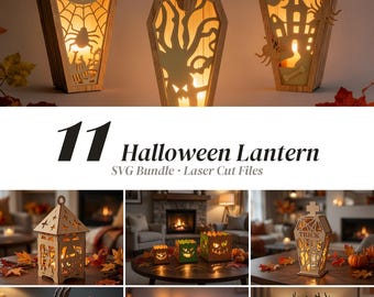 11 Halloween Lantern SVG Bundle | Glowforge xTool Laser Cut Candle Holder Set | Gothic Spooky Wood Decor DXF