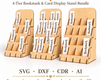 Bookmark Holder Display Stand SVG Bundle, 9 Sizes Card Display Stand, 4 Tier Retail Craft Fair Vendor Shelf, Laser Cut Files Glowforge xTool