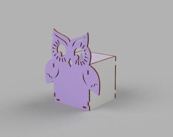 owl pen holder SQUARE box open vector plan for glowforge dxf svg cdr for CNC machine template laser cut - 3, 4, 6 mm.