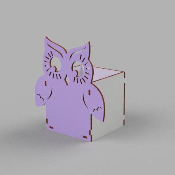 owl pen holder SQUARE box open vector plan for glowforge dxf svg cdr for CNC machine template laser cut - 3, 4, 6 mm.