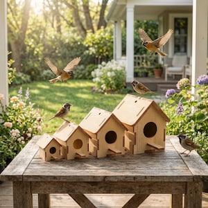 May include: A set of wooden birdhouses of different sizes on a wooden table. Several birds are perched on the birdhouses or flying nearby. The birdhouses have circular entry holes and pitched roofs. The scene is set outdoors with greenery in the background.