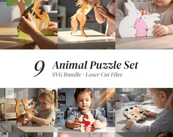 Lot de 9 puzzles d'animaux en bois au format SVG, ensemble de puzzles 3D à poser pour Glowforge et xTool, fichiers de découpe laser pour décoration de chambre d'enfant Montessori