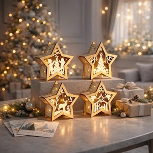 Plantilla SVG de caja de sombras para farolillo navideño con forma de estrella: corte láser en madera contrachapada (descarga digital)