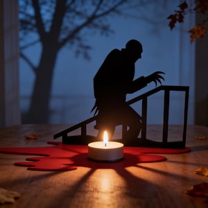 以下が含まれることがあります： ハロウィーンをテーマにしたテーブルセッティング。 ろうそくの灯りが影を落とし、階段を上るモンスターの黒いシルエットが血痕を模した赤いマットの上に配置されています。 木のテーブルには紅葉が散りばめられ、不気味な雰囲気を醸し出しています。