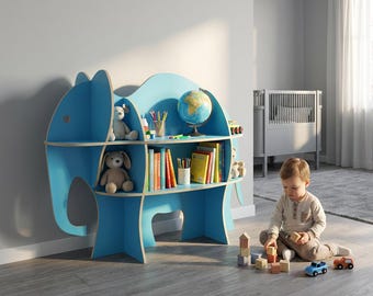Archivo de corte láser de estantería con forma de elefante / Plano de estantería infantil con diseño de animales (SVG, DXF)