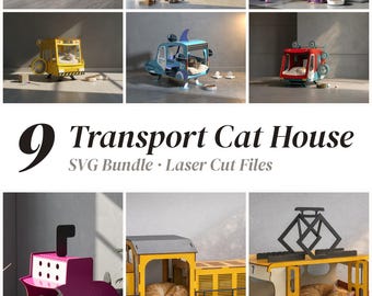 Lot de 9 fichiers SVG de maisons pour chats de transport, fichiers de découpe laser pour maisons d'animaux originales, format DXF Glowforge xTool